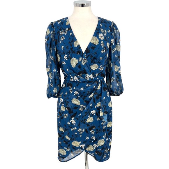 Halogen Floral Wrap Draped Dress Blue Black White Size Medium - Picture 1 of 13